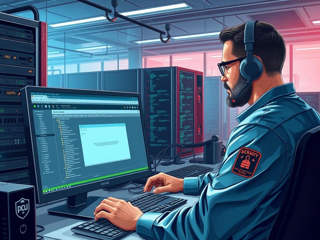 A highly detailed illustration of a professional technician configuring a computer network firewall system. The technician is focused on a computer screen displaying the pfsense interface, with visual elements indicating security protocols and network traffic. The background features a modern office setting, with servers and networking equipment. The color palette should incorporate the primary color rgb(40, 93, 225) to enhance the theme of technology and security.