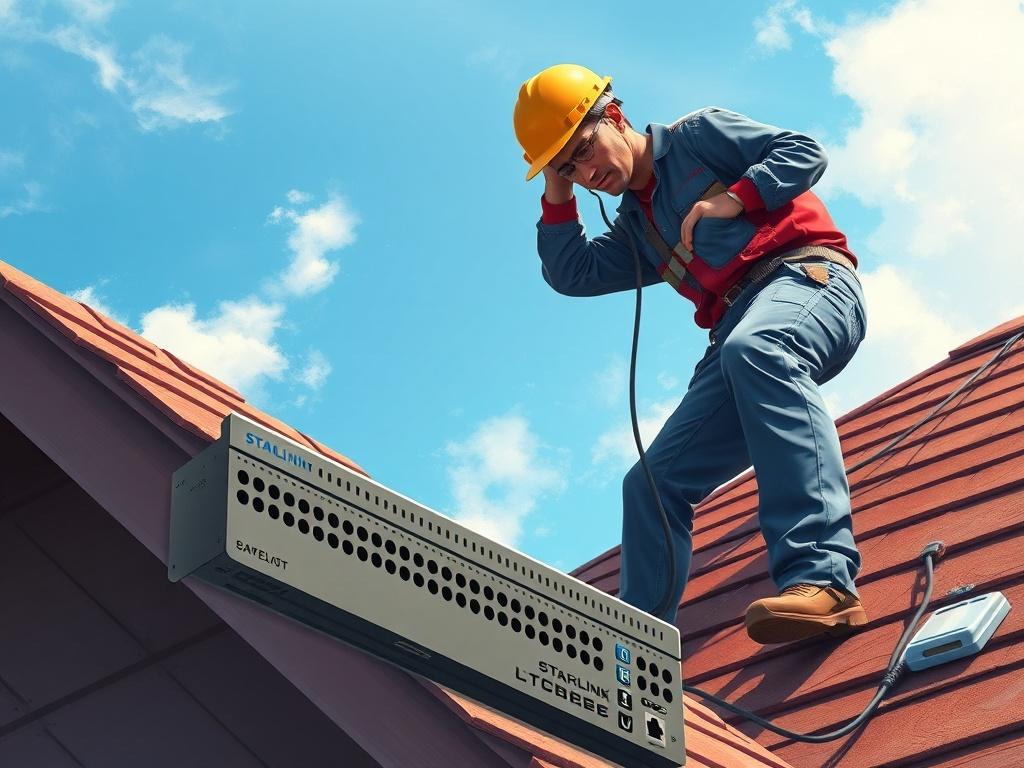 A highly detailed illustration of a person installing a Starlink internet system on a roof, with a load balancing router in the foreground. The background shows a clear blue sky with a few clouds. The technician is wearing professional attire, and there are visual elements representing internet connectivity, like signals or data flow. The overall style is realistic painting, vibrant colors, and emphasis on technology.
