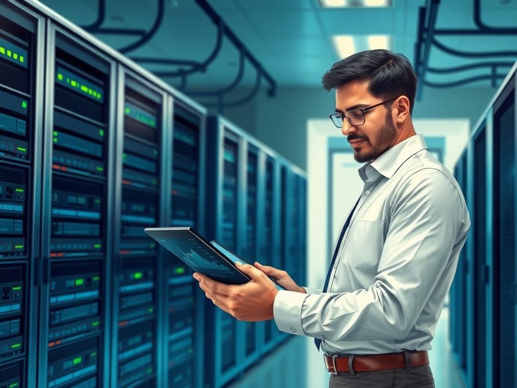 A highly detailed illustration of a professional IT consultant standing in a modern office environment, analyzing network infrastructure on a digital tablet. The background features servers and network racks, creating a tech-savvy atmosphere. The consultant is wearing professional attire, showcasing confidence and expertise, with a focus on the tablet screen displaying data and graphs.