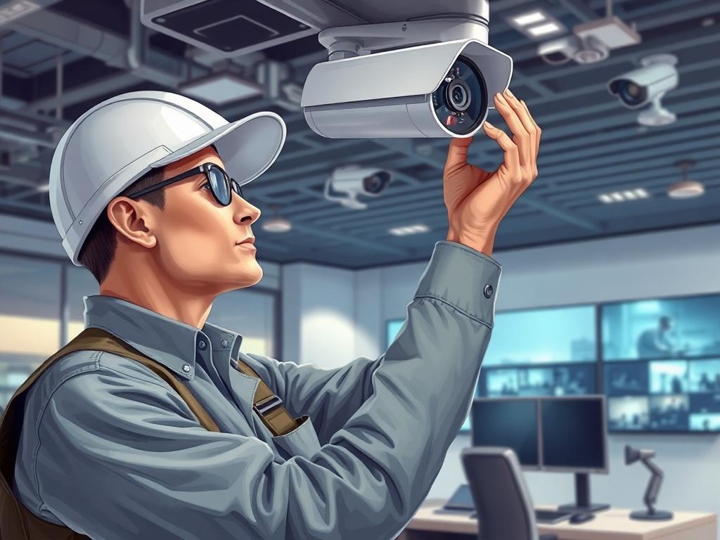 A high-quality illustration of a professional technician installing a security camera in a modern office environment. The technician is focused and wearing a work uniform, showcasing tools and equipment related to surveillance systems. The background includes a sleek office space with visible cameras and monitors displaying security footage, emphasizing a secure and modern atmosphere.