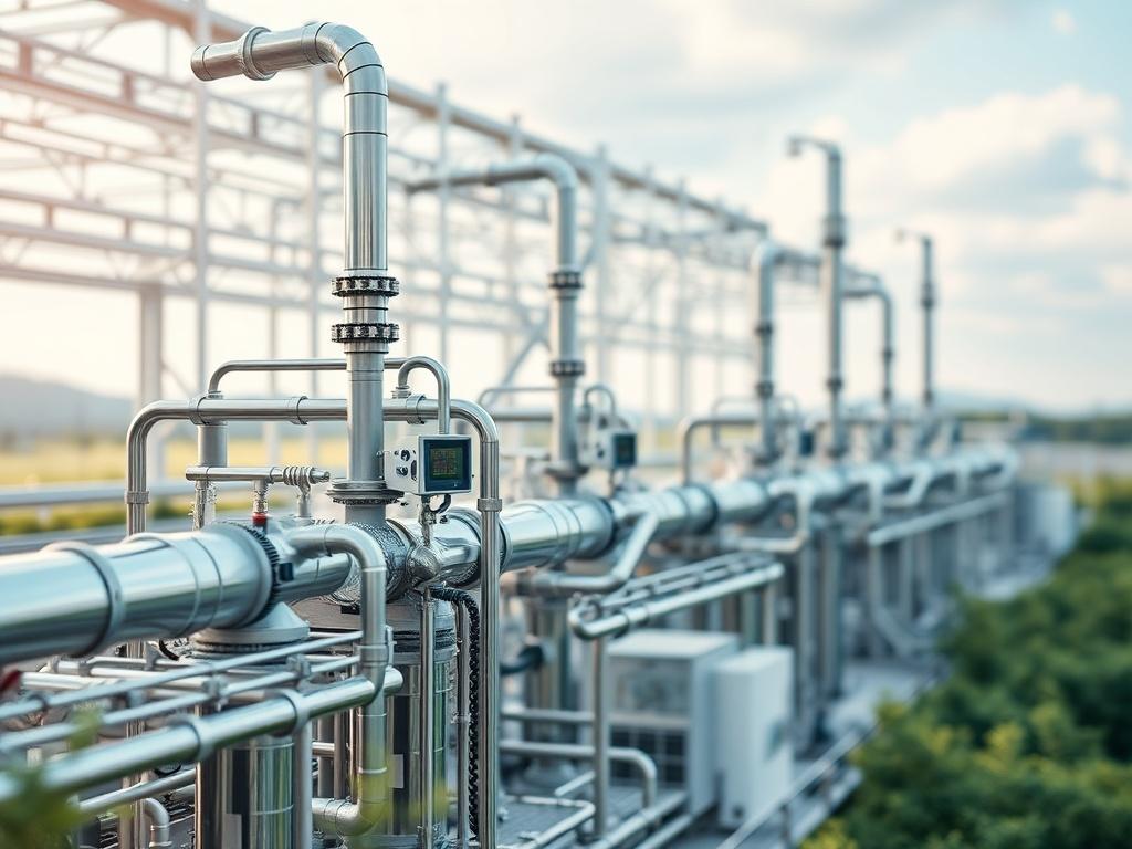 A hyper-realistic image of a hydrogen production facility with modern technology, emphasizing clean energy generation. The facility should be surrounded by green landscapes, symbolizing sustainability. The focus should be on the production equipment, captured with a 45mm f/1.2 lens, highlighting its innovative design and functionality.