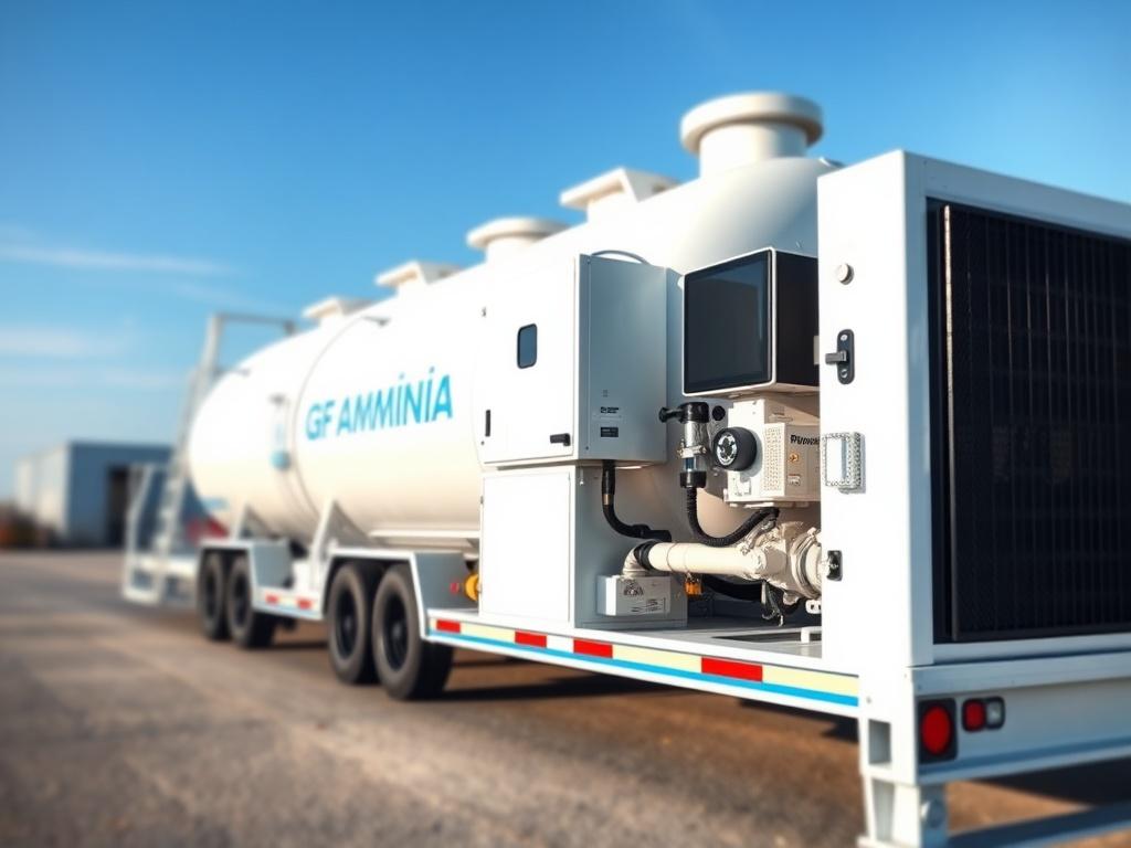 A hyper-realistic close-up shot of a Mobile Ammonia Production Unit, showcasing its sleek and modern design. The unit should be set against a clear blue sky background, emphasizing its portability and efficiency. The focus should be on the unit's intricate details, highlighting its modular components, with a blurred background to ensure the unit stands out.
