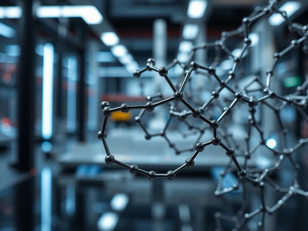 A close-up shot of carbon nanotubes displayed in a laboratory setting, showcasing their unique structure and properties. The background should reflect a high-tech environment, emphasizing innovation and research. The image should be captured with a 45mm f/1.2 lens to highlight the intricacies of the nanotubes.