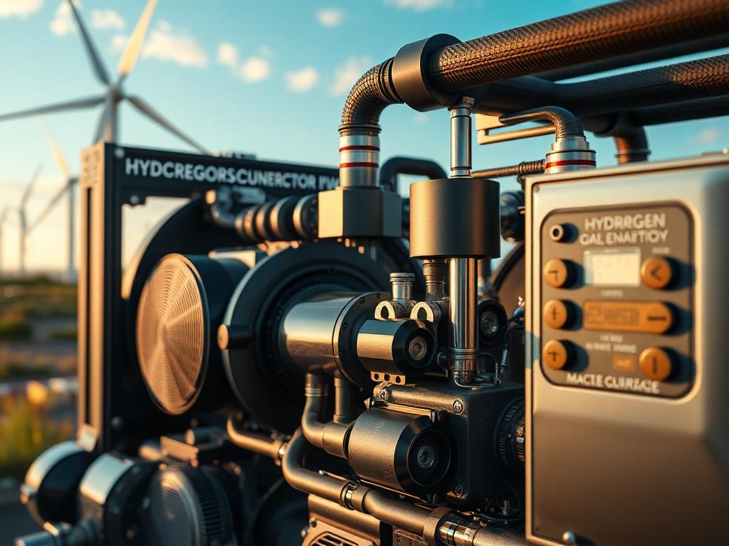 A hyper-realistic close-up shot of a Hydrogen Generation System, featuring its advanced technology and sleek design. The backdrop should include a clean energy landscape, like wind turbines or solar panels, to emphasize its sustainable nature. Focus on the system's intricate details, with a soft-focused background to highlight the subject.
