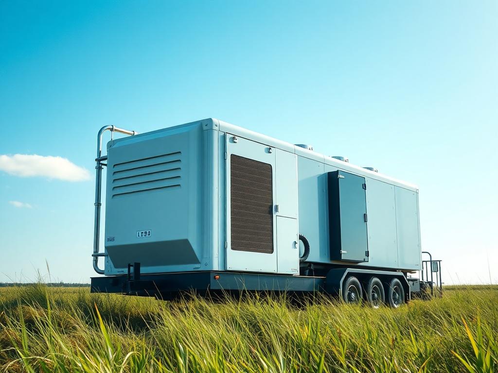 A close-up shot of a mobile ammonia production unit in a natural setting, showcasing its sleek design and advanced technology. The background features blue skies and greenery, emphasizing a clean and sustainable environment. The image should reflect innovation and efficiency, with a focus on the unit as the main subject, captured with a 45mm f/1.2 lens.