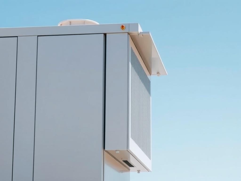 A simple and clear hyper-realistic close-up image of a modular ammonia production unit in a clean outdoor setting. The unit should showcase its sleek design and efficient technology, with a bright blue sky as the background. The focus should be on the unit itself, highlighting its compact size and modern features, captured with a 45mm f/1.2 lens style.