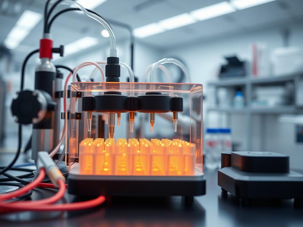 A close-up hyper-realistic image of a carbon nanotube production kit in a sophisticated lab environment. The image should capture the high-tech equipment and workspace, highlighting the precision of the technology. The background should be clean and organized, emphasizing the advanced capabilities of the kit, shot with a 45mm f/1.2 lens style.
