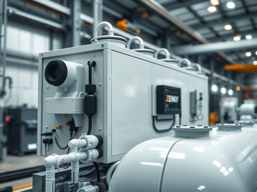 A hyper-realistic close-up shot of a Mobile Ammonia Production Unit, showcasing its sleek design and modular components. The background should be a blurred industrial setting to emphasize the unit's functionality. The image should capture the intricate details of the technology, with a focus on the unit's connections and machinery, shot with a 45mm f/1.2 lens to create a sharp foreground against a softly blurred background.