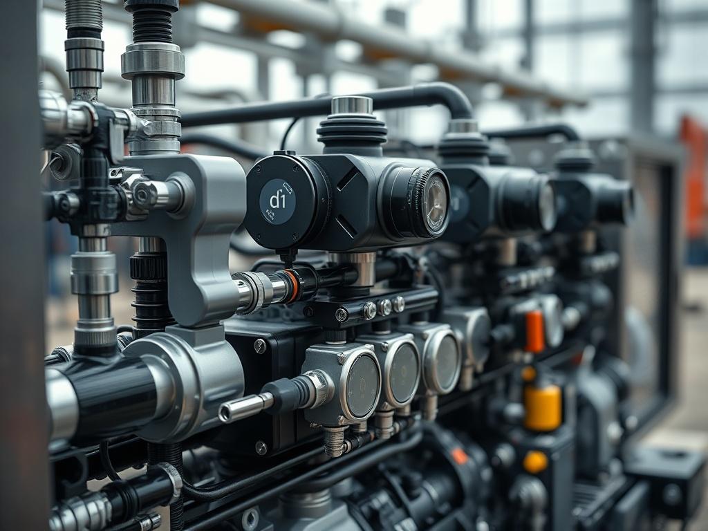 A hyper-realistic close-up shot of a Hydrogen Generation System, focusing on its high-tech components and connections. The background should be a blurred industrial landscape to highlight the system's intricate design. The shot should capture the details of the machinery, emphasizing its modern technology, taken with a 45mm f/1.2 lens to create a striking contrast between the clear foreground and a soft background.