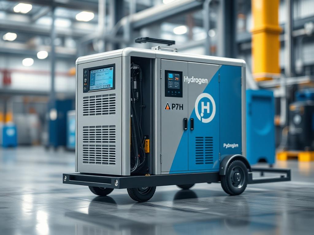 A hyper-realistic close-up shot of a Mobile Hydrogen Production Unit, showcasing its sleek design and modern technology. The background should be a blurred industrial setting that emphasizes the unit's compactness and mobility. The focus should be on the unit itself, highlighting its features and functionality.