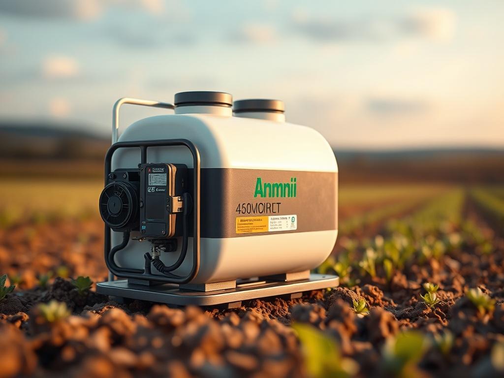 A hyper-realistic close-up shot of an Ammonia Production Module, emphasizing its advanced technology and compact design. The background should feature a blurred agricultural landscape, showcasing its application in farming. The image should focus on the module, drawing attention to its innovative features.
