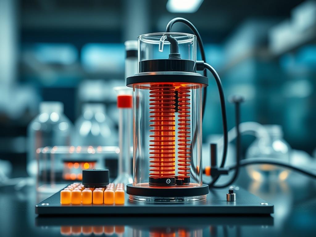 A hyper-realistic close-up shot of a Carbon Nanotube Synthesis Kit, displaying its components and intricate design. The background should be a blurred laboratory setting, emphasizing its application in research and development. The focus should be on the kit's features and usability.