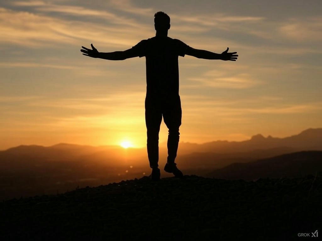 A silhouette of a person standing on a hill with arms outstretched, facing a sunset with mountains in the background.
