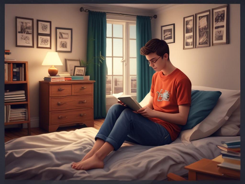 A young person with glasses, wearing an orange t-shirt and blue jeans, sitting on a bed reading a book. The room has a wooden dresser with books and a lamp, framed pictures on the walls, and a window with green curtains letting in natural light.