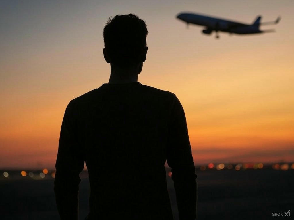 A silhouette of a person standing and looking at an airplane flying in the sky during sunset, with a city skyline visible in the distance.