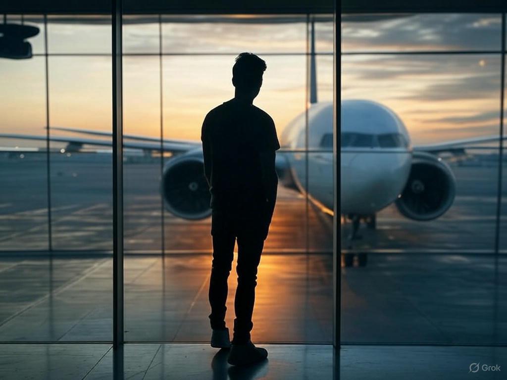 A silhouette of a person standing inside an airport terminal, looking out through large glass windows at an airplane on the tarmac during sunset.