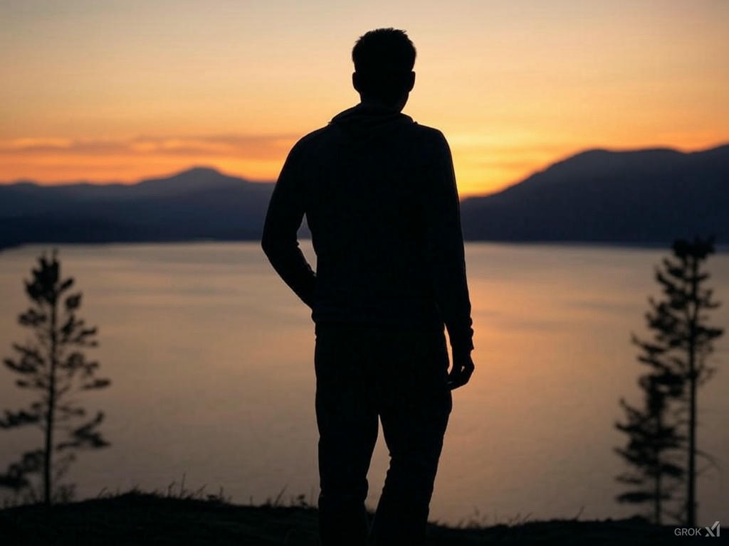 A silhouette of a person standing on a hill, facing a calm lake with mountains in the background during sunset, framed by trees on either side.