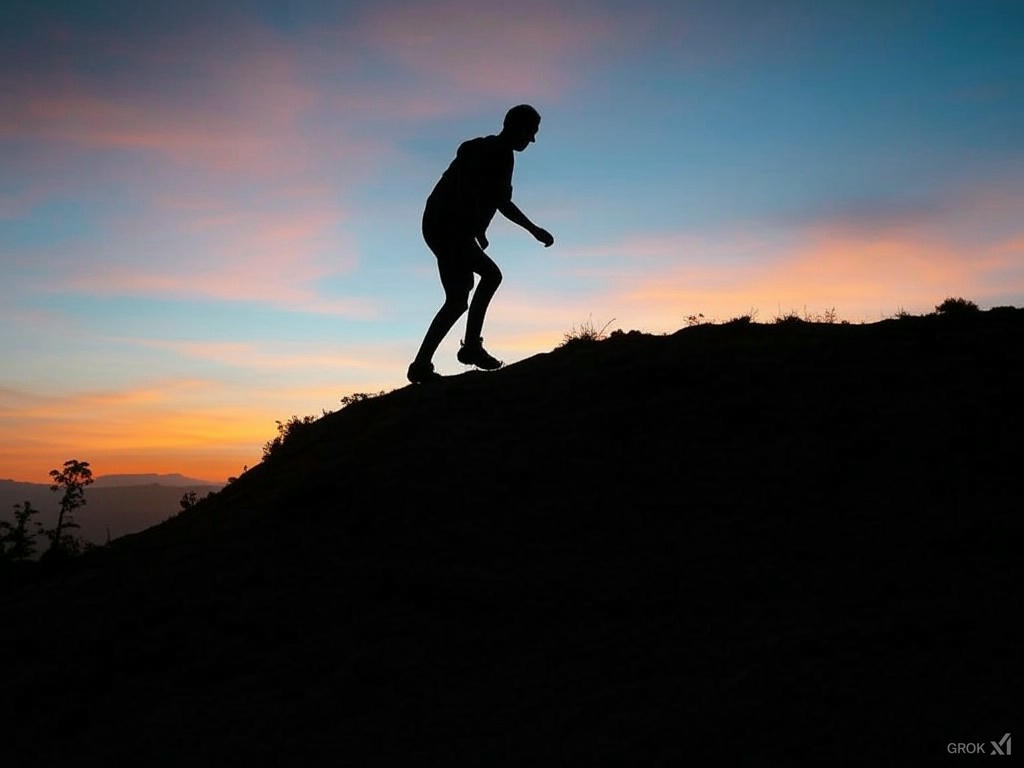 A silhouette of a person hiking up a hill with a backpack, set against a colorful sunset sky.