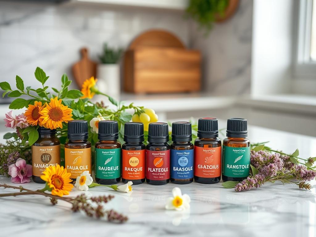 A close-up shot of a collection of essential oil bottles displayed on a marble countertop. Each bottle is labeled with a different blend name, surrounded by fresh herbs and flowers. The background is softly blurred to focus on the vibrant colors of the oils.