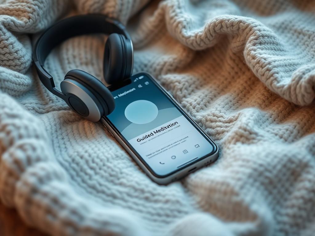 A close-up shot of a smartphone displaying a guided meditation app interface, resting on a cozy blanket. A pair of noise-canceling headphones lays beside it, with soft ambient lighting creating a serene atmosphere.