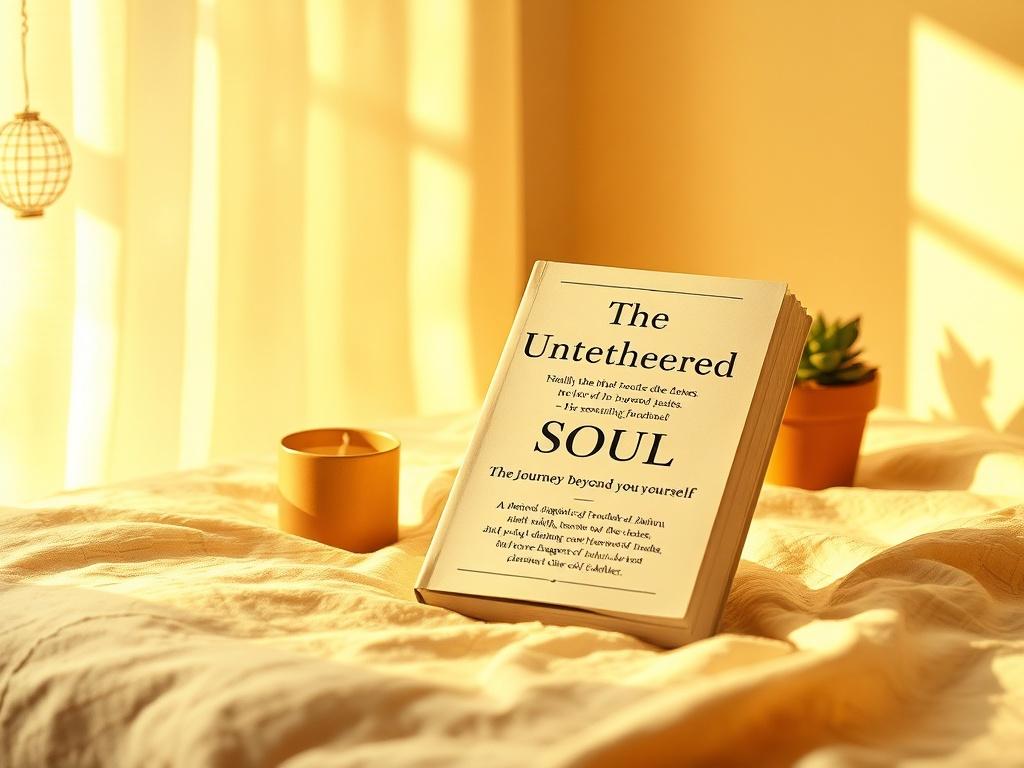 A cozy, golden-hued setting featuring a paperback book titled 'The Untethered Soul: The Journey Beyond Yourself' placed on a soft, serene surface. The background should be softly lit, creating an inviting atmosphere, with gentle shadows enhancing the warmth of the scene. The book should be the only subject, positioned slightly open to reveal its pages, surrounded by subtle, natural elements like a small potted plant or a candle, all harmonizing to evoke a sense of tranquility and mindfulness.