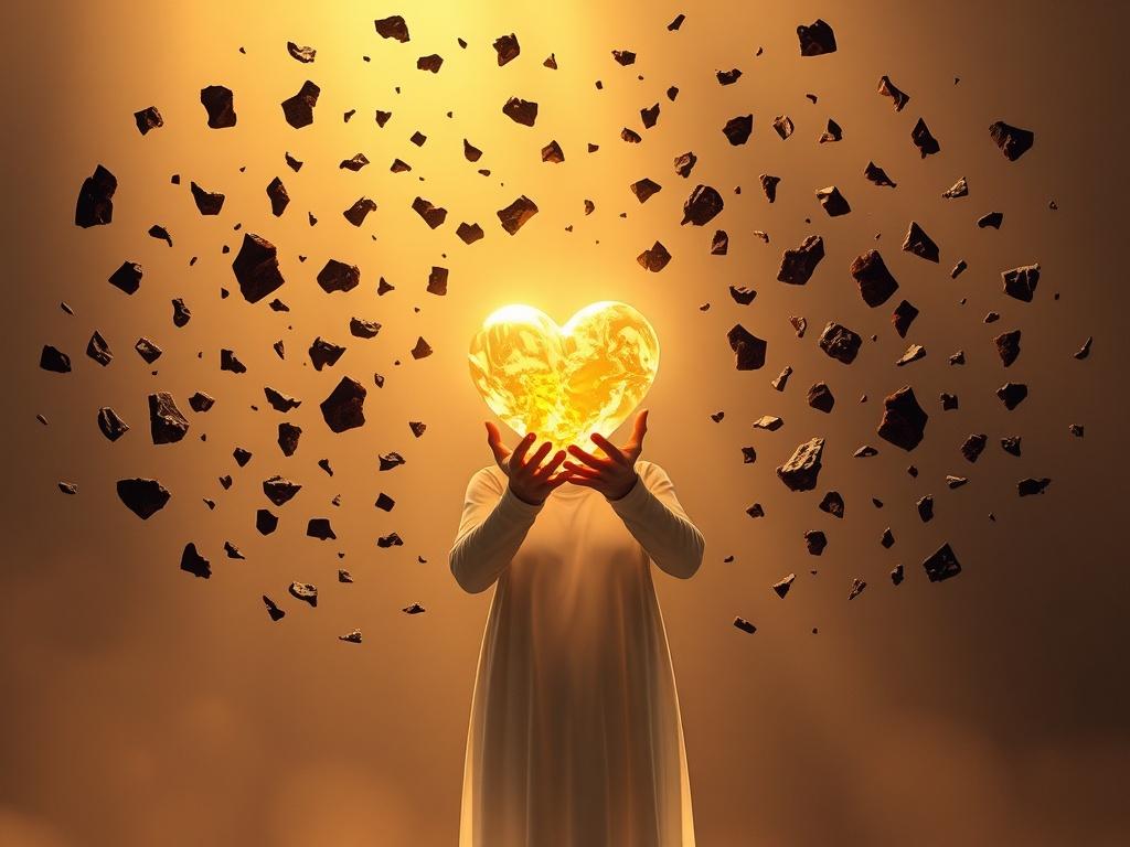 Create a realistic high-resolution image that beautifully captures the essence of transformation and self-acceptance. The composition should feature a solitary figure at the center, softly illuminated by warm, golden lighting. The person, ethereal and serene, is holding a glowing, golden, crystalline heart in their hands—symbolizing "wholeness." This heart emits a gentle radiance that bathes the immediate area in a warm glow.

Surrounding the figure, include dozens of dark, rough-edged fragments that float 