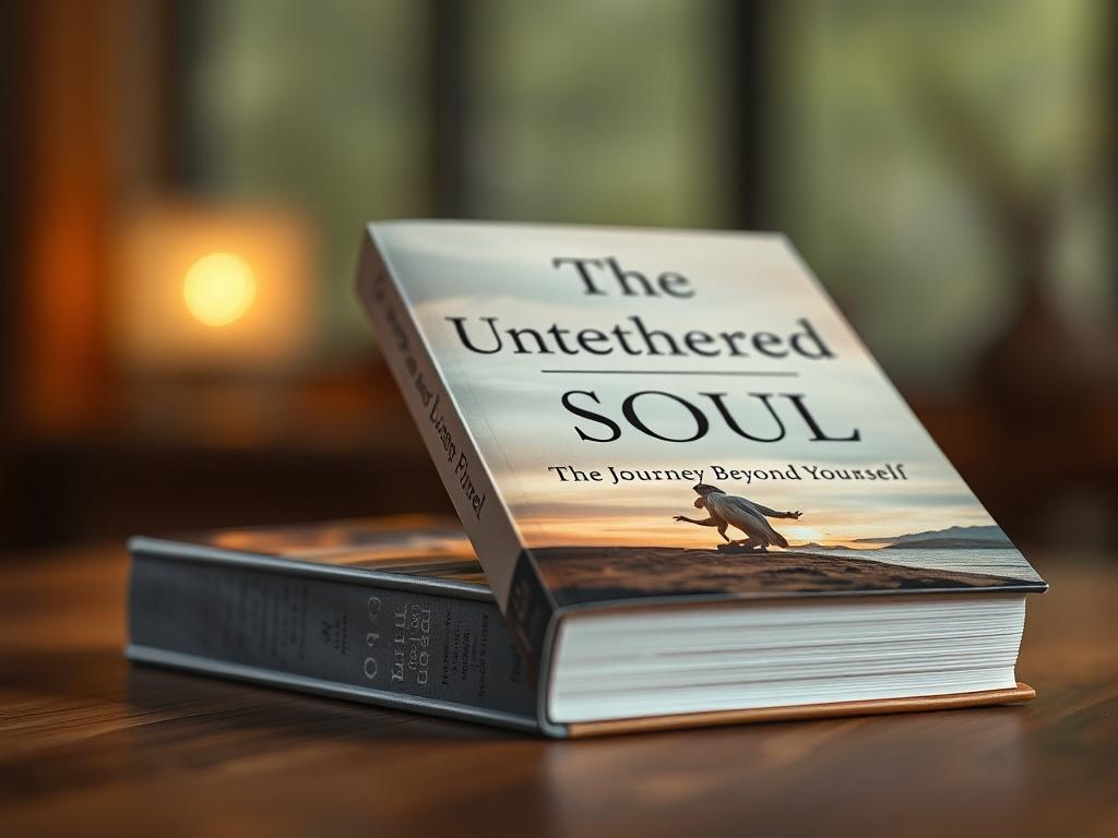 A hyper-realistic close-up shot of the book 'The Untethered Soul: The Journey Beyond Yourself' resting on a wooden table. The background is softly blurred, enhancing the focus on the book's cover, which features a serene and inviting design. The lighting is warm and inviting, creating a sense of calm and tranquility around the subject. The book should be positioned slightly angled to showcase its spine and cover artwork, with an emphasis on the rich colors and textures of the book's material.