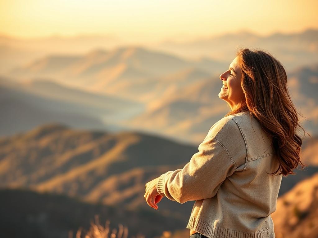 A blissful couple celebrating at the top of a mountain, embracing each other with joyful expressions. The scene captures a stunning panoramic view of the mountain range in the background, bathed in warm golden hues and soft lighting. The couple is in the foreground, radiating happiness and connection, with a serene atmosphere that evokes a sense of tranquility and fulfillment.