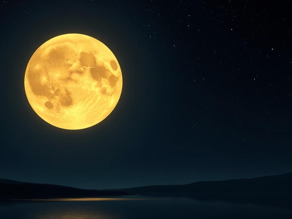 Create a realistic, high-resolution image featuring a powerful full moon dominating the night sky. The composition should be simple and clear, with the full moon placed centrally to draw immediate attention. The moon should be vibrant and detailed, showcasing its craters and surface texture, illuminated by soft, glowing golden hues.

In the foreground, include a silhouette of a peaceful landscape, such as a tranquil lake or gentle hills, reflecting the silver light of the moon on its surface. The background