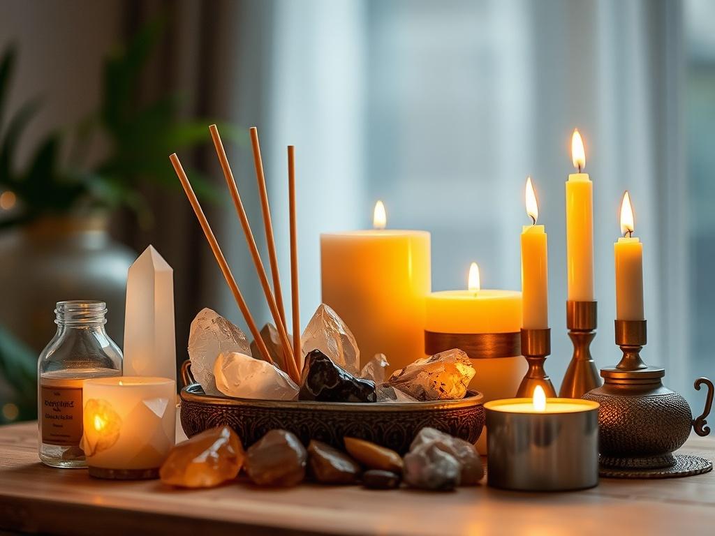 A serene and cozy display of spiritual wellness products featuring a selection of beautiful crystals, aromatic incense sticks, and glowing candles. The crystals should be diverse in color and shape, arranged harmoniously with the incense sticks placed in a decorative holder and candles of varying heights illuminating soft golden hues. The background should be softly blurred, enhancing the tranquil atmosphere while evoking a sense of peace and elevation of energy.