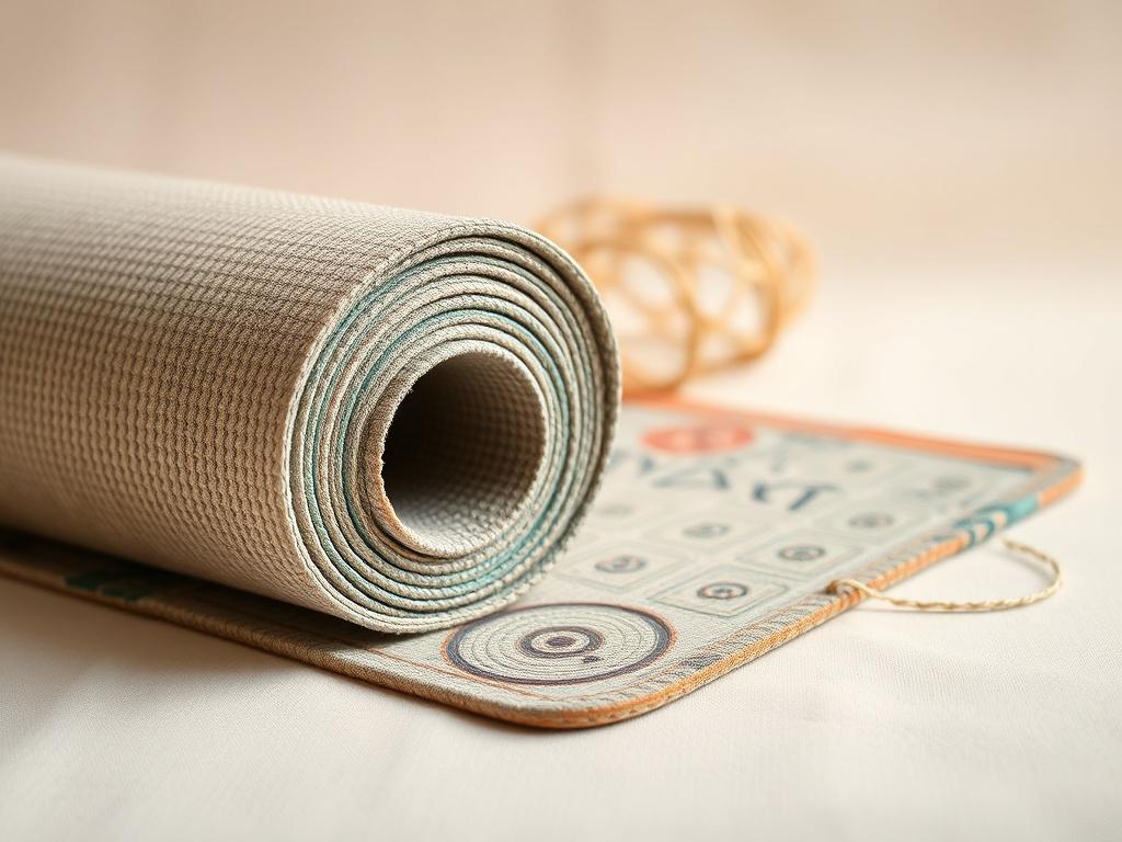A hyper-realistic close-up shot of an eco-friendly yoga mat, showcasing its textured surface and natural materials. The background is minimalistic, with soft, neutral colors that enhance the mat's organic feel. The composition focuses solely on the mat, capturing its vibrant colors and unique patterns.