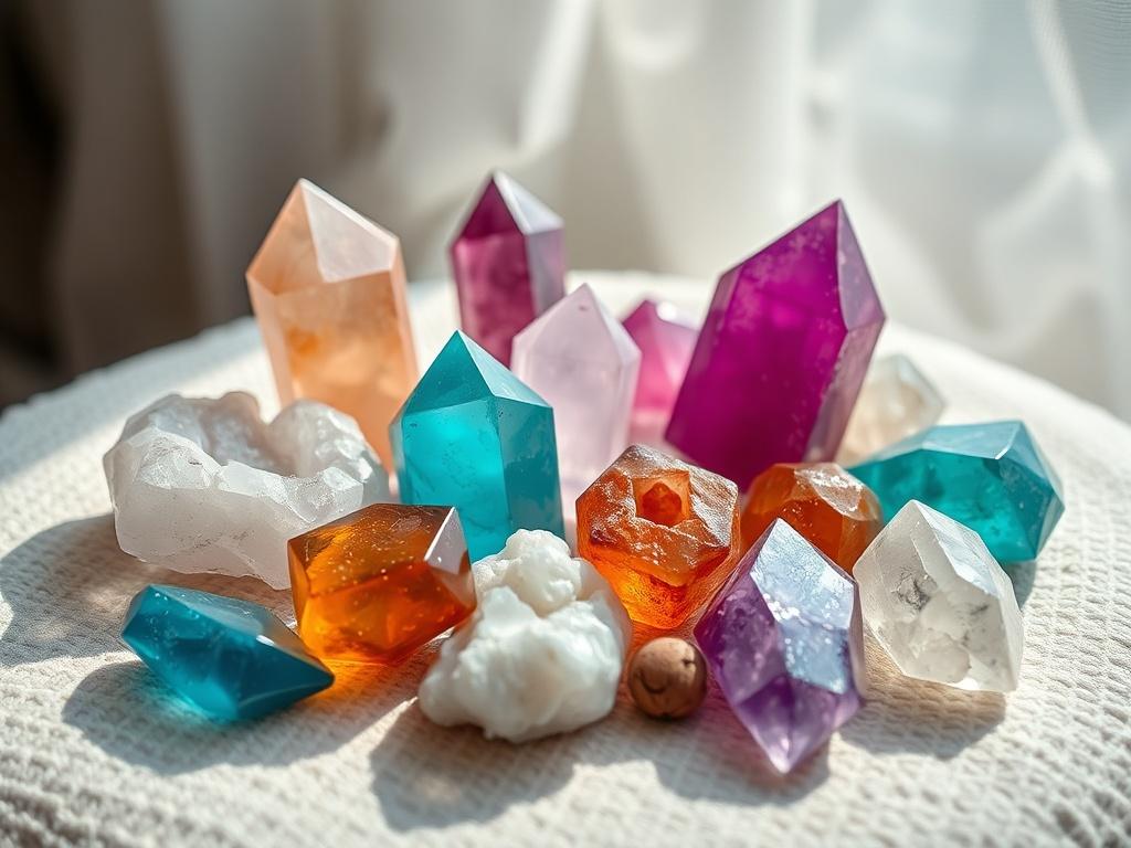 A hyper-realistic close-up of a crystal healing set displayed on a soft, textured surface. The image highlights the various shapes and colors of the crystals, with natural light reflecting off their surfaces. The background is softly blurred to keep the focus on the vibrant crystals.