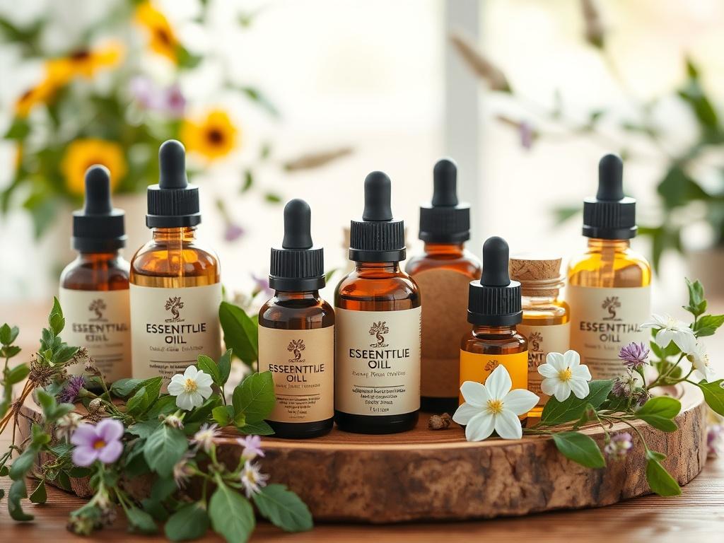An elegant arrangement of essential oil bottles in a bright, airy setting. The oils are displayed on a natural wooden surface, surrounded by fresh herbs and flowers. The background should be light and soothing, evoking a sense of wellness and tranquility.
