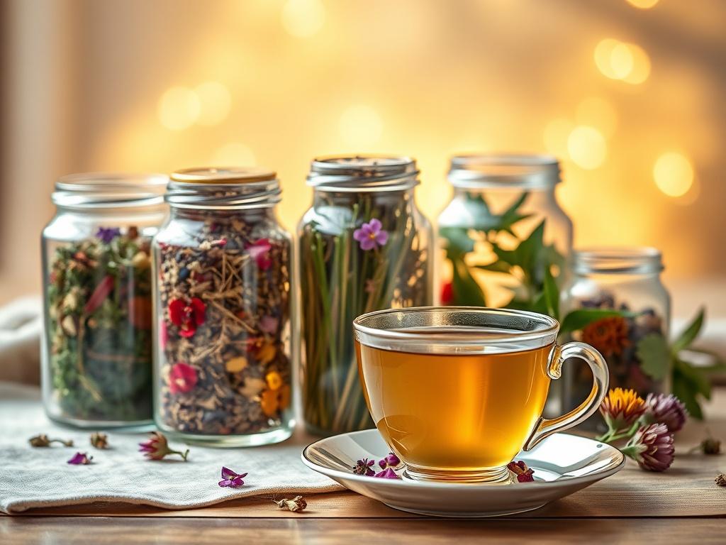 A cozy, high-resolution image showcasing a beautifully arranged selection of herbal teas in elegant glass jars. The jars are filled with vibrant, colorful herbs and dried flowers, reflecting their natural beauty. The background is softly blurred, featuring warm golden hues and gentle lighting that creates a serene atmosphere. A delicate teacup is placed in the foreground, inviting the viewer to enjoy a comforting tea experience. The overall composition is calming and promotes a healthy lifestyle.