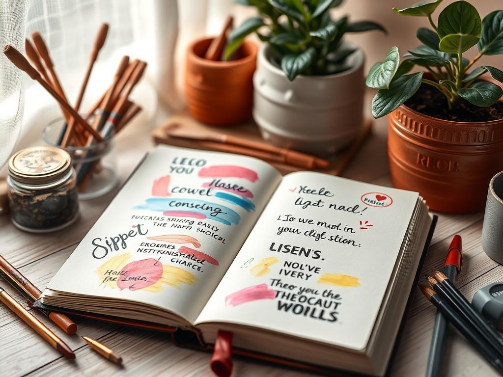 A close-up shot of an open journal with vibrant sketches and motivational quotes, surrounded by art supplies and plants. The background is soft and inviting, capturing the essence of inspiration and creativity in a tranquil setting.