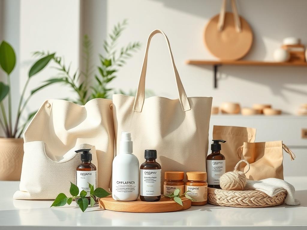A high-resolution close-up of eco-friendly products displayed elegantly, including reusable bags, organic skincare, and handcrafted items. The setting is bright and airy, showcasing a commitment to sustainability with natural materials and a simple, modern aesthetic.