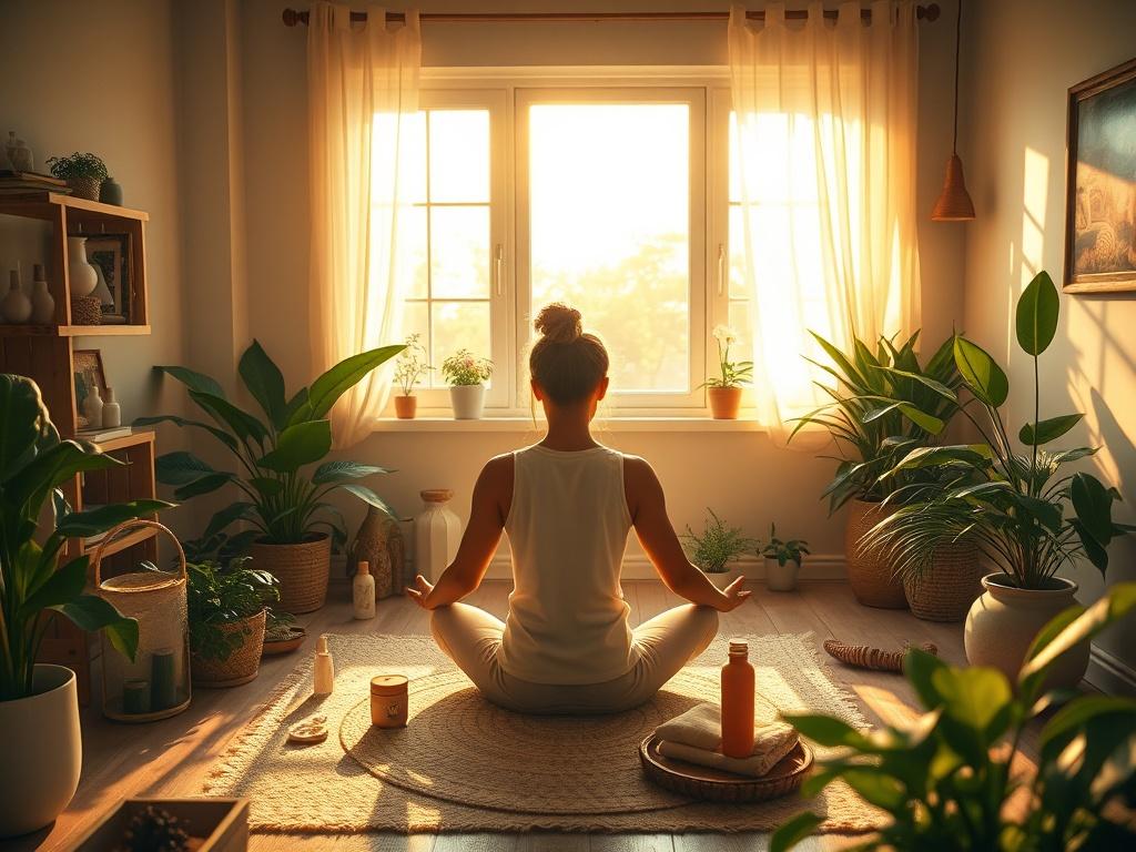 A serene scene featuring a person meditating in a sunlit room, surrounded by plants and wellness tools. The atmosphere is calm, with soft golden light filtering through a window, creating a cozy and inviting space for personal growth.