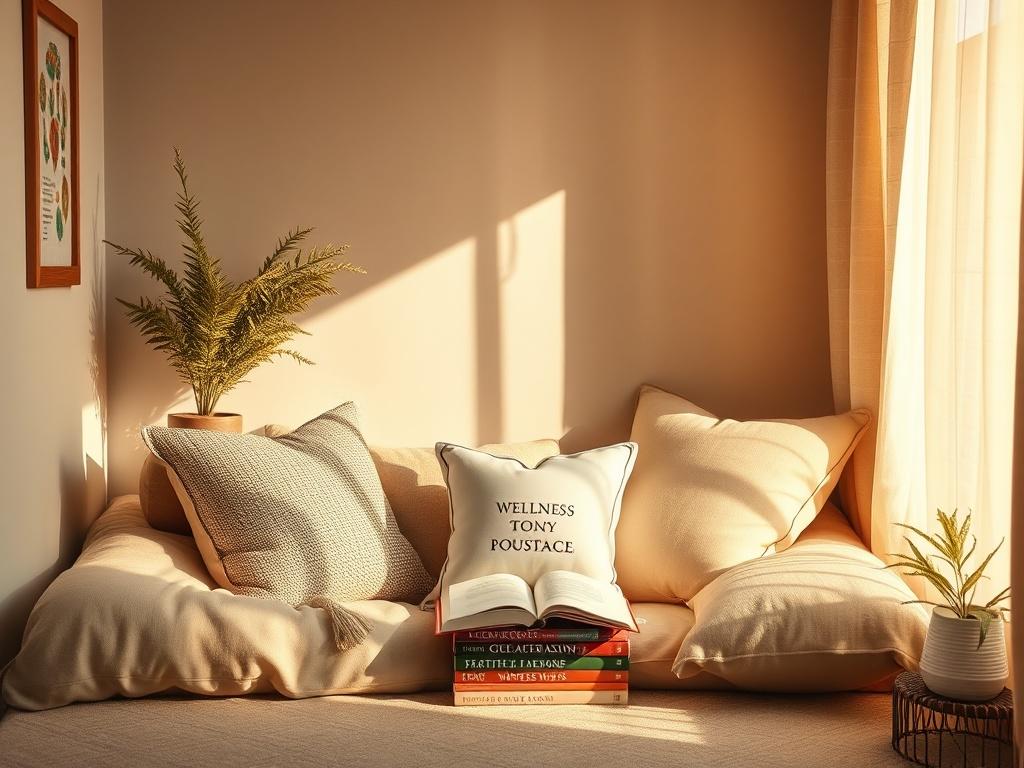 An inviting space set up for a cozy reading nook, featuring warm sunlight, soft cushions, and a selection of wellness books. The scene conveys tranquility and a sense of purpose, emphasizing the beauty of intentional living.