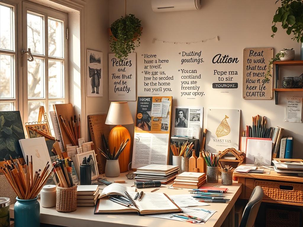 A workspace filled with art supplies, journals, and inspiring quotes on the wall. The setting is bright and creative, inviting individuals to explore their artistic side and engage with their imagination.