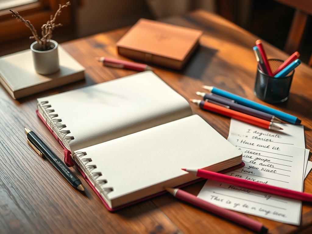 A beautifully designed journaling kit, including an elegant journal, colorful pens, and a set of inspirational prompts laid out on a wooden table. The background should be softly blurred with natural light filtering in, creating a warm and inviting atmosphere.