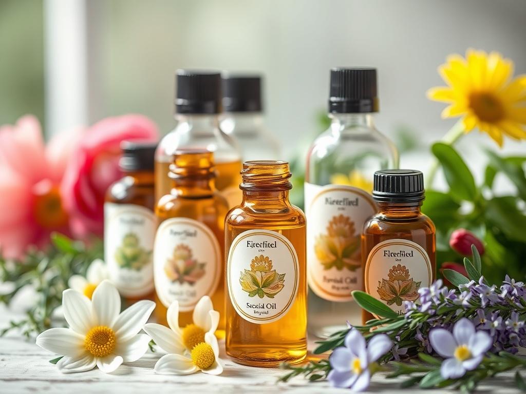 An elegant display of essential oil bottles, each uniquely designed, surrounded by fresh herbs and flowers. The background should be softly blurred, creating a serene and calming atmosphere, with natural light highlighting the oils.