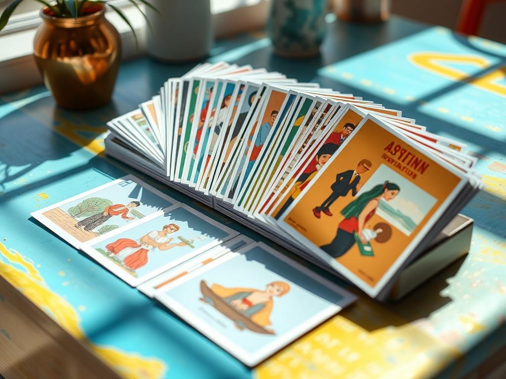 A visually striking inspiration deck displayed on a colorful table, with cards fanned out and showcasing vibrant illustrations. Soft natural light casts gentle shadows, creating an inviting and artistic atmosphere.