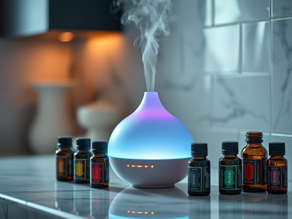 A close-up shot of an elegant aromatherapy diffuser emitting mist, surrounded by essential oil bottles on a marble countertop. Soft, colorful LED lights illuminate the diffuser, adding a tranquil vibe to the setting.