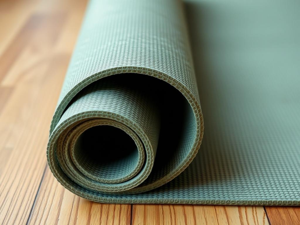 A close-up shot of an eco-friendly yoga mat with a textured surface, rolled out on a wooden floor. The background is softly blurred to emphasize the mat, showcasing its natural colors and eco-friendly materials.