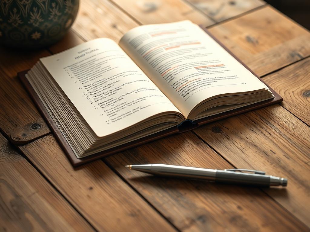 A close-up shot of an open mindfulness journal with beautifully designed pages, set on a rustic wooden table. A pen lies beside it, and a soft light highlights the journal's cover, creating a warm, inviting atmosphere.