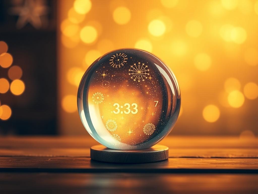 Generate a realistic high-resolution photo that symbolizes the concept of synchronicities in numbers and the universe. The image should feature a single, striking subject: a beautifully lit crystal orb resting on a wooden table. The orb should reflect subtle cosmic patterns, such as stars and galaxies, creating a sense of connection to the universe. 

The background should be softly blurred to enhance the focus on the orb, featuring warm golden hues that evoke a cozy and serene atmosphere. Surrounding the o