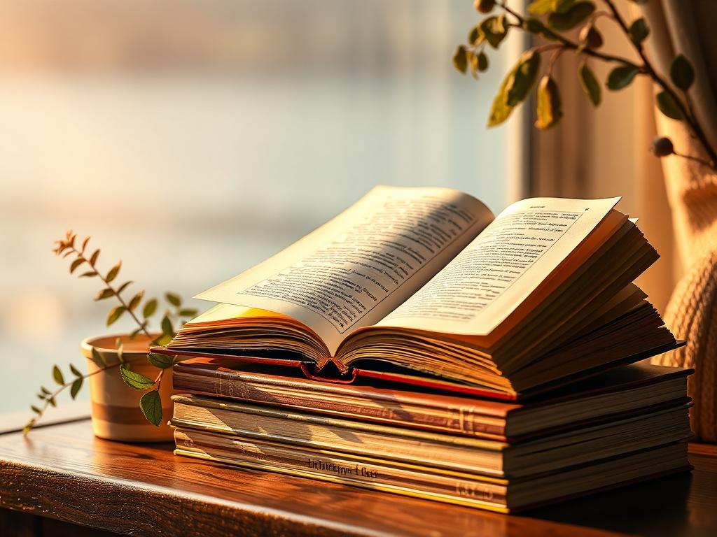 A cozy reading nook featuring a stack of transformative books with warm, golden hues and soft lighting. The books are open, revealing insightful pages, with a small plant nearby. The background is serene, enhancing the feeling of knowledge and personal growth.
