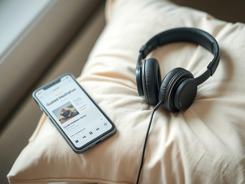 A realistic, high-resolution image of a pair of headphones resting on a soft, plush pillow, with a smartphone displaying the Guided Meditation Audio Series playlist nearby. Soft, diffused lighting adds a serene touch to the scene.