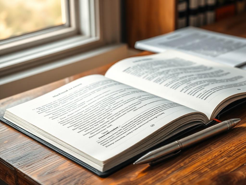 A realistic, high-resolution close-up of a beautifully designed mindfulness journal lying open on a wooden desk, with a pen beside it. The background features soft natural lighting coming through a nearby window, highlighting the journal's pages filled with prompts and elegant typography.