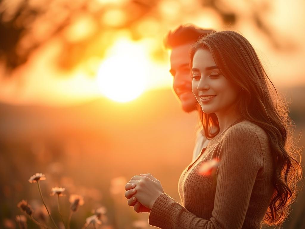 Create a realistic high-resolution photo that captures the essence of self-mastery through the lens of a loving couple. The composition should be simple and clear, focusing solely on the couple as the central subject. Position them in a serene outdoor setting, perhaps at sunset, with warm golden hues softly illuminating their faces. The couple, in a tender embrace or holding hands, should radiate a sense of connection and tranquility that embodies their journey towards self-mastery together.

In the backgro